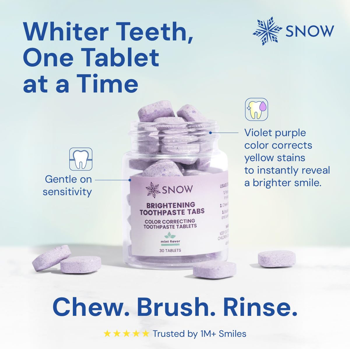 SNOW Purple Whitening Toothpaste Tablets – 30 Count | Color-Correcting Whitening Tabs