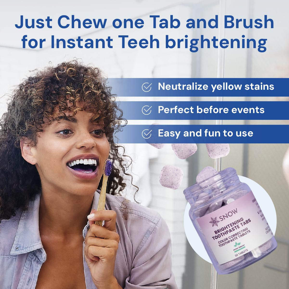 SNOW Purple Whitening Toothpaste Tablets – 30 Count | Color-Correcting Whitening Tabs