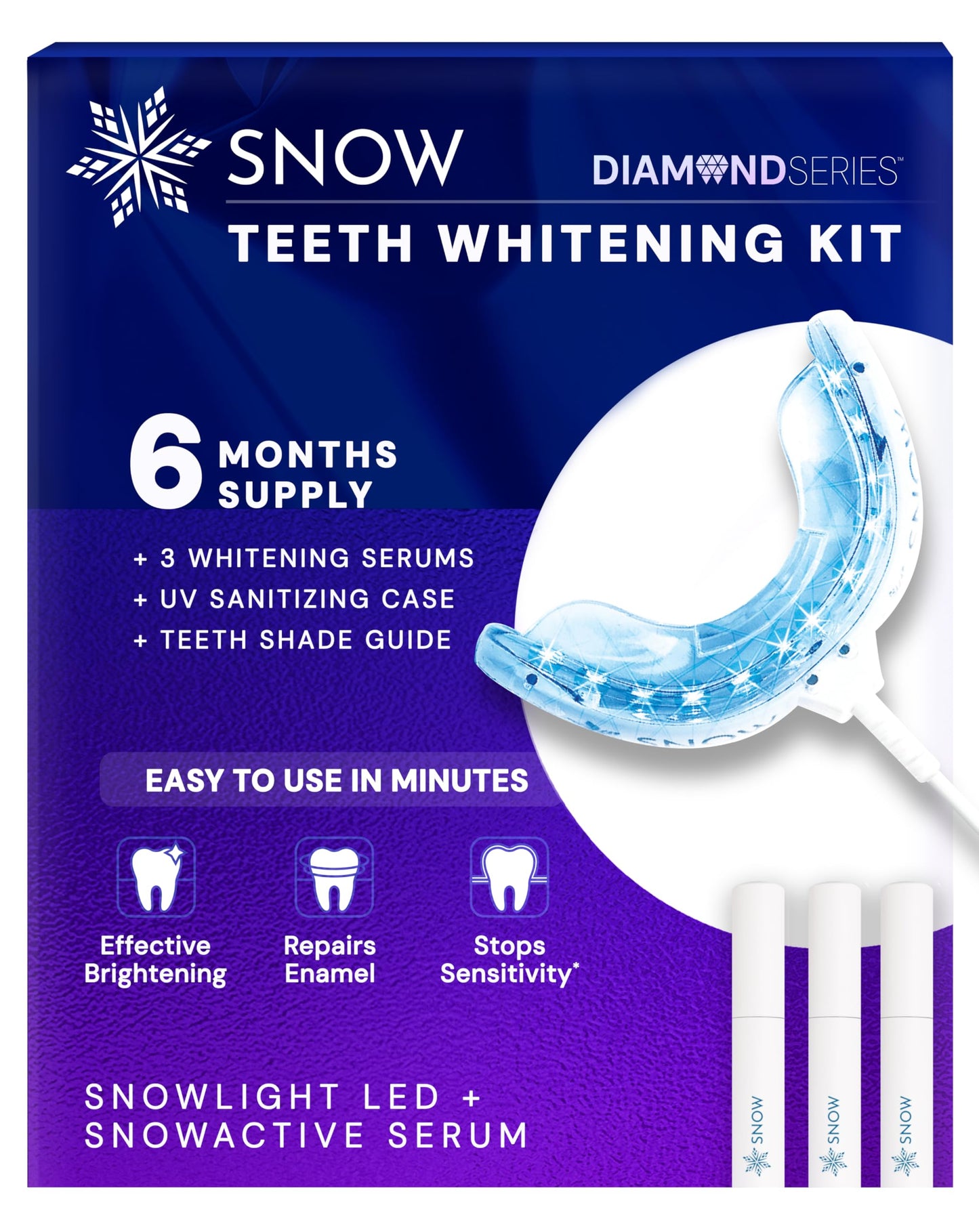 Snow Teeth Whitening Kit - LED Mouthpiece, Hydroxyapatite, 3 Wands