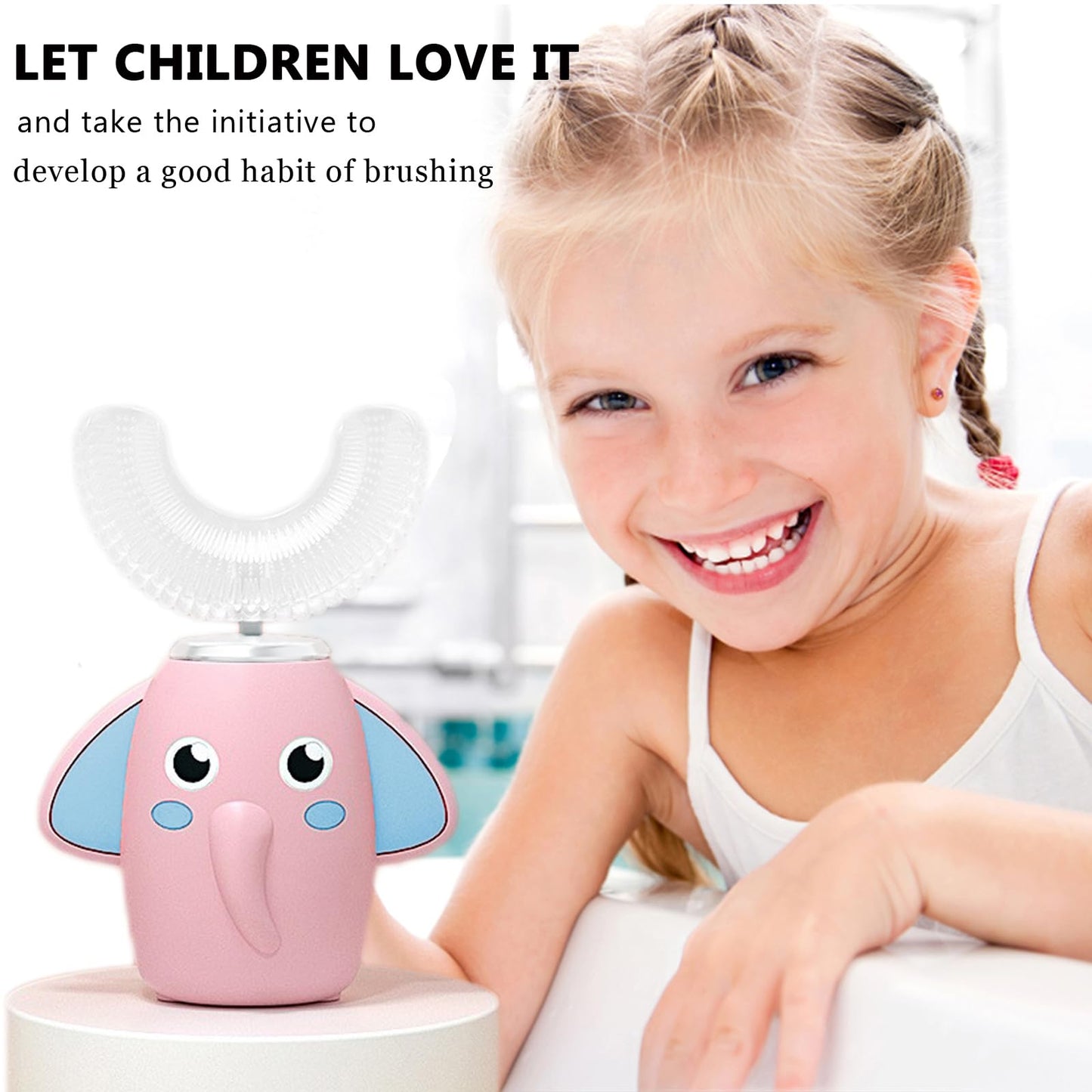 SNOWROSE Kids U-Shaped Electric Toothbrush | 2-12 Years | IPX7 Waterproof | 2 Brush Heads | 3 Modes | Pink