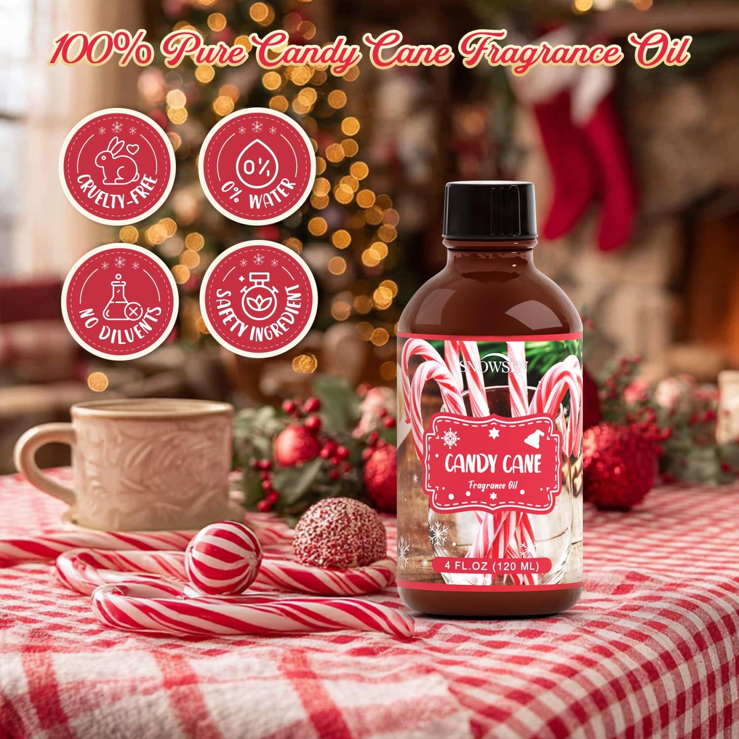 SNOWSEN Candy Cane Essential Oil 4 oz – Undiluted Winter Fragrance with Glass Dropper