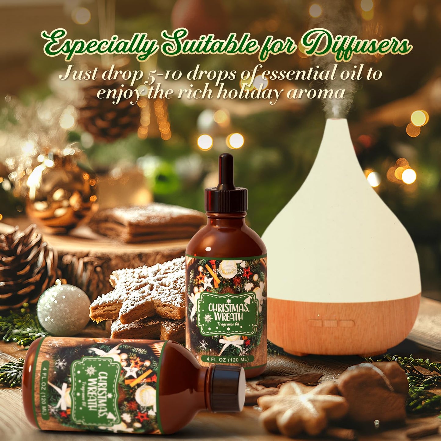 SNOWSEN Christmas Wreath Fragrance Oil 4 Fl Oz – Undiluted Winter Essential Oil with Glass Dropper