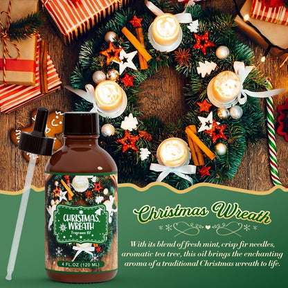 SNOWSEN Christmas Wreath Fragrance Oil 4 Fl Oz – Undiluted Winter Essential Oil with Glass Dropper