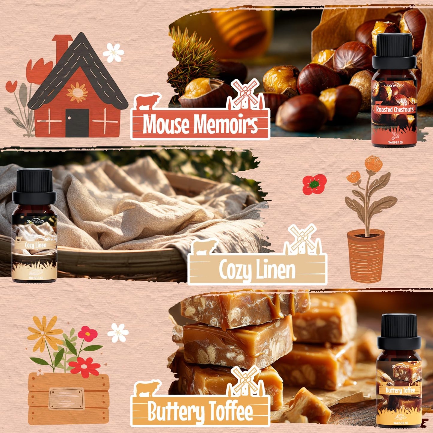 SNOWSEN Farmhouse Diffuser Oil Set – Essential Oils for Diffusers, 6x10ml