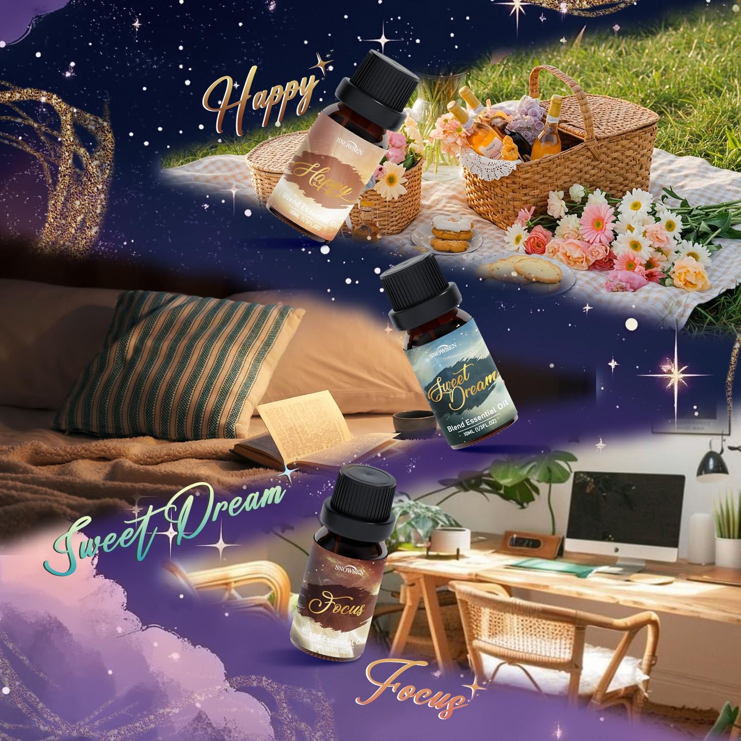 SNOWSEN Harmony Essential Oil Set – Breathe, Sweet Dream, Relax, Happy, Focus
