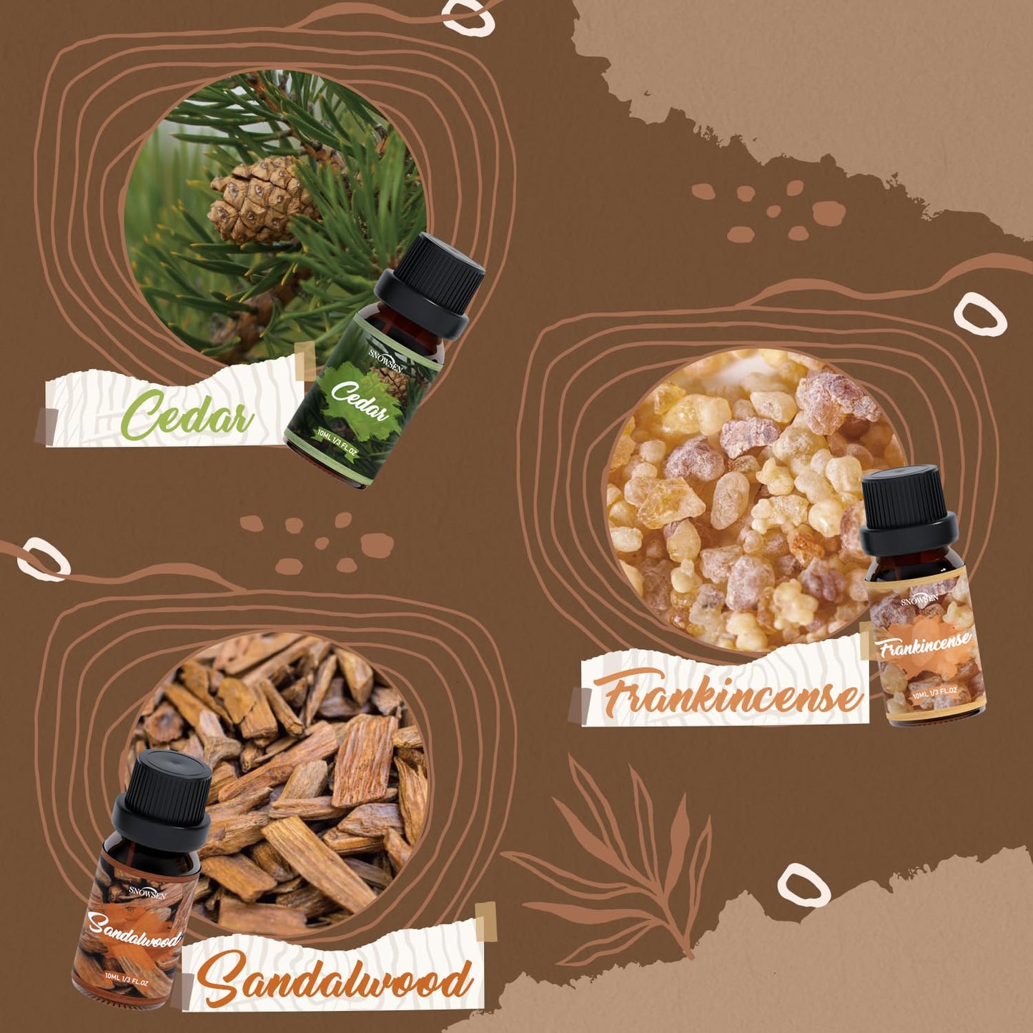 SNOWSEN Woody Essential Oil Set – 6 Pure Wood Scents for Diffusers