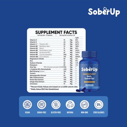 SoberUp Recovery Boost – Hydration, Electrolytes, Antioxidants | Vegan, 60 Count