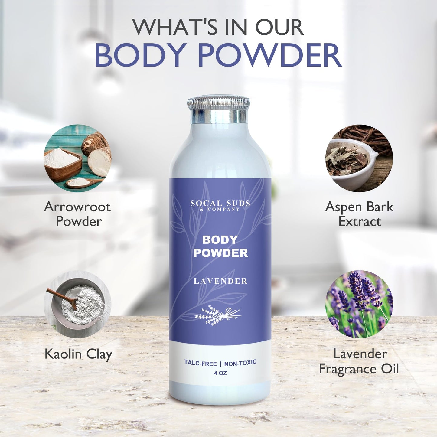 SoCal Suds & Company Lavender Talc-Free Body Powder — Arrowroot, Kaolin & Aspen Bark, 4oz, 1-Pack