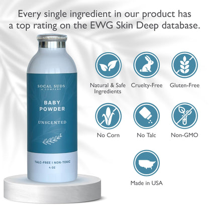 SoCal Suds & Company - Talc-Free Natural Baby Powder (4oz) Unscented with Arrowroot, Kaolin & Aspen Bark