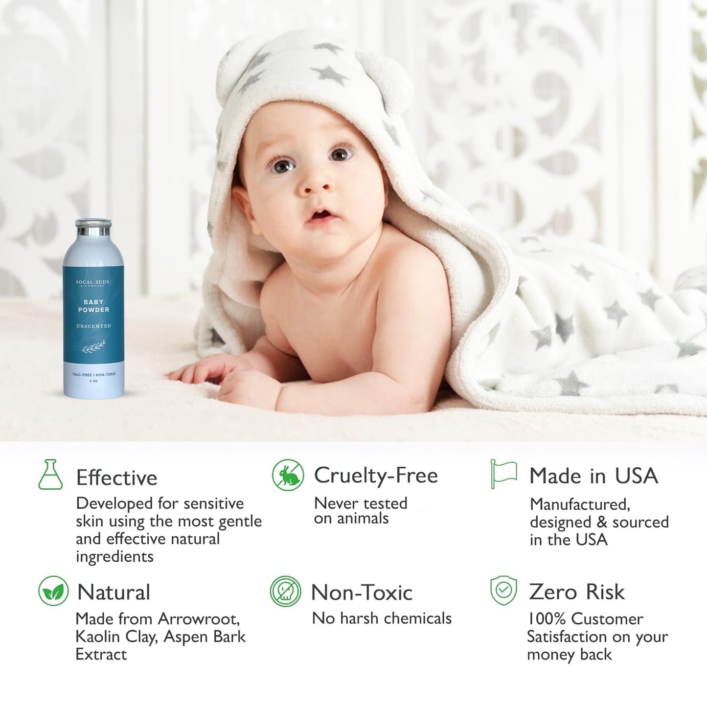 SoCal Suds & Company - Talc-Free Natural Baby Powder (4oz) Unscented with Arrowroot, Kaolin & Aspen Bark