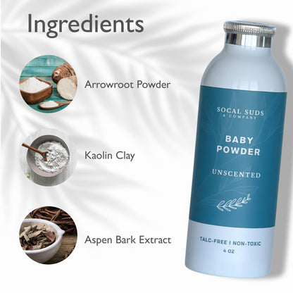 SoCal Suds & Company - Talc-Free Natural Baby Powder (4oz) Unscented with Arrowroot, Kaolin & Aspen Bark