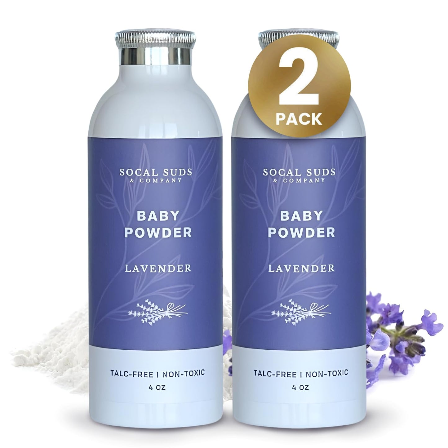 SoCal Suds & Company Natural Baby Powder Talc-Free with Lavender – Arrowroot & Kaolin, 4oz, 2-Pack