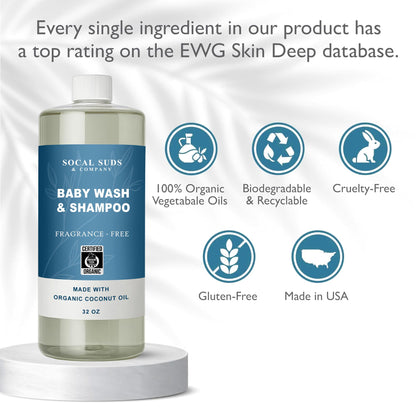 SoCal Suds & Company 2-in-1 Organic Foaming Baby Wash & Castile Shampoo Refill - Fragrance-Free, 32oz
