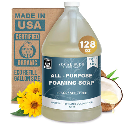 SoCal Suds & Company 128oz Certified Organic Foaming Hand & Body Wash - Gentle, Fragrance Free for Sensitive Skin