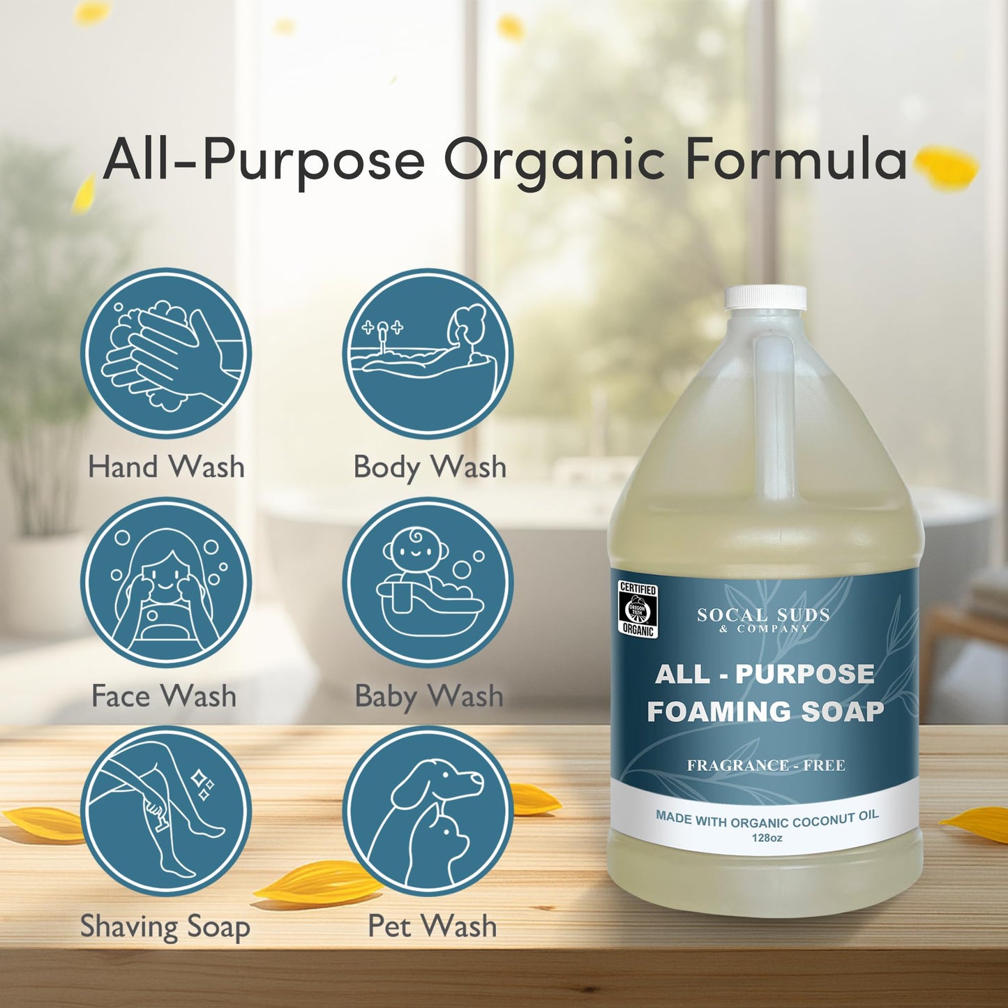 SoCal Suds & Company 128oz Certified Organic Foaming Hand & Body Wash - Gentle, Fragrance Free for Sensitive Skin