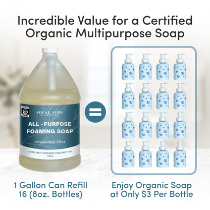SoCal Suds & Company 128oz Certified Organic Foaming Hand & Body Wash - Gentle, Fragrance Free for Sensitive Skin