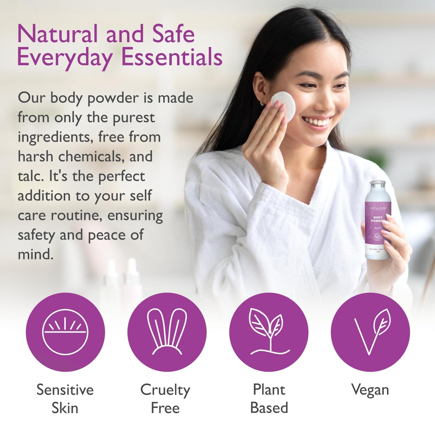 SoCal Suds & Company Rose Body Powder – Talc-Free with Arrowroot, Kaolin & Aspen Bark (4oz)