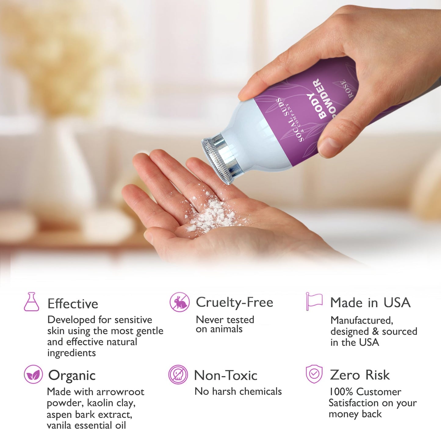 SoCal Suds & Company Rose Body Powder – Talc-Free with Arrowroot, Kaolin & Aspen Bark (4oz)