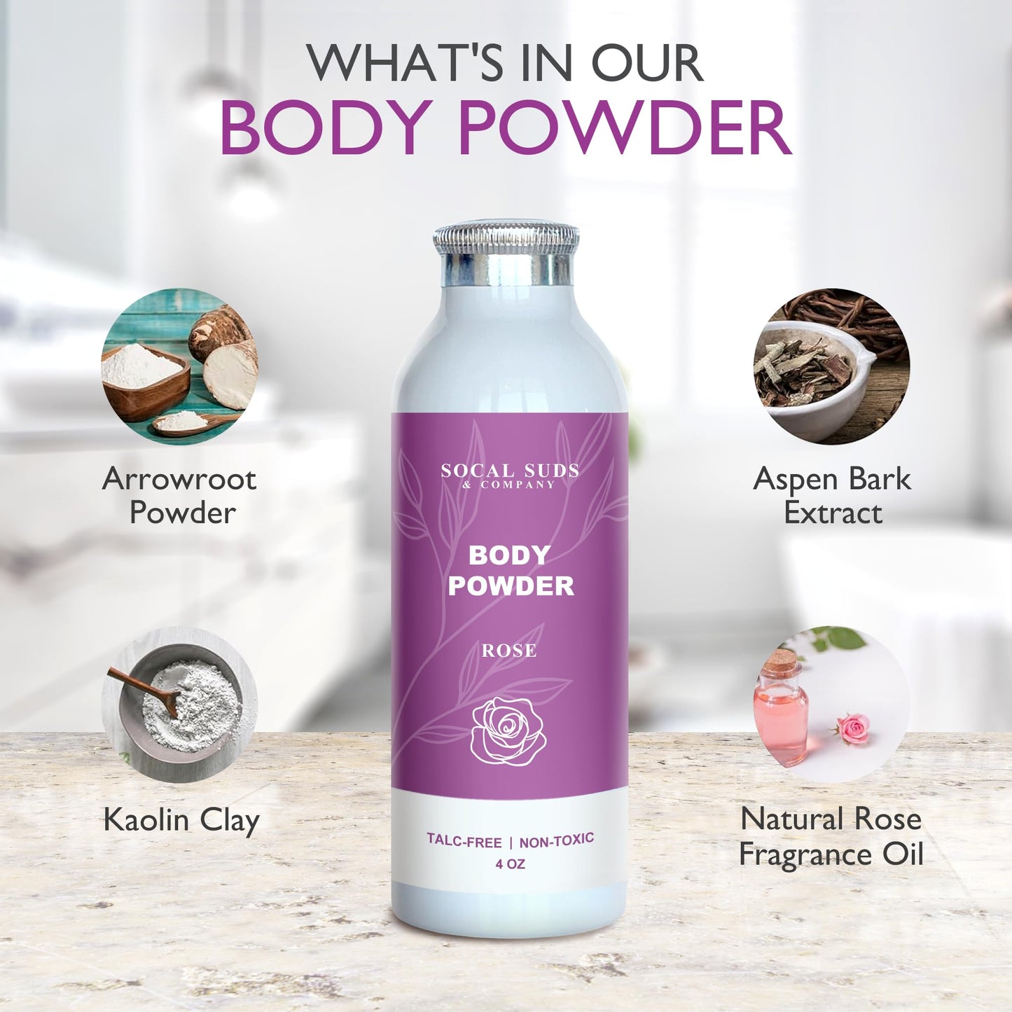 SoCal Suds & Company Rose Body Powder – Talc-Free with Arrowroot, Kaolin & Aspen Bark (4oz)