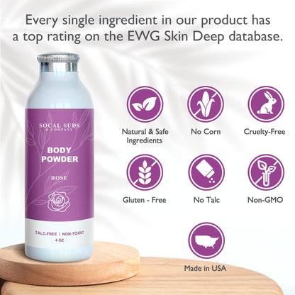 SoCal Suds & Company Rose Body Powder – Talc-Free with Arrowroot, Kaolin & Aspen Bark (4oz)