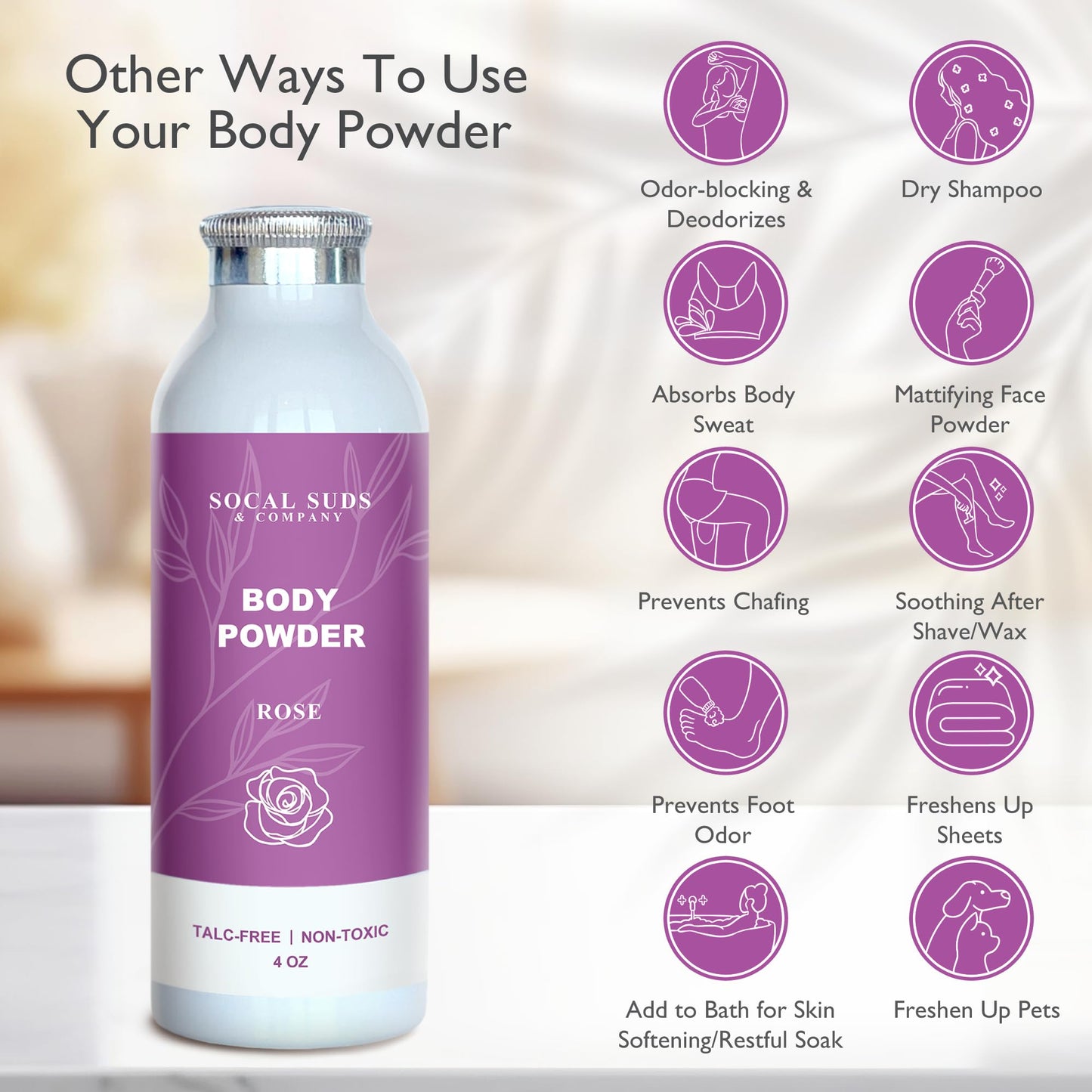 SoCal Suds & Company Rose Body Powder – Talc-Free with Arrowroot, Kaolin & Aspen Bark (4oz)