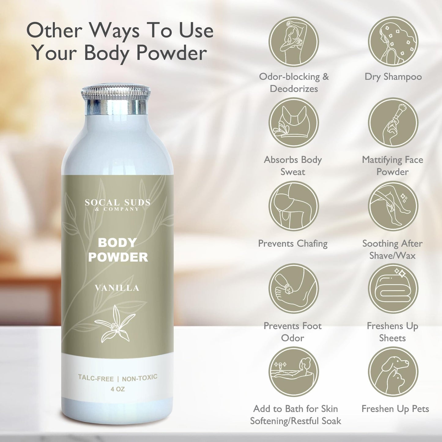 SoCal Suds & Company - Natural Body Powder Talc-Free with Arrowroot, Kaolin & Aspen Bark Extract - Vanilla 4oz