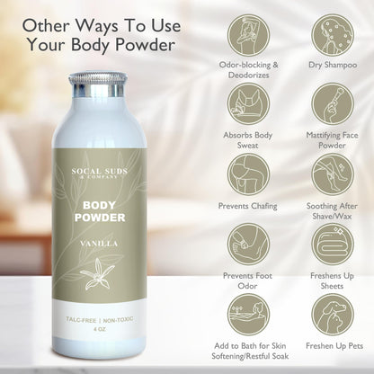 SoCal Suds & Company - Natural Body Powder Talc-Free with Arrowroot, Kaolin & Aspen Bark Extract - Vanilla 4oz