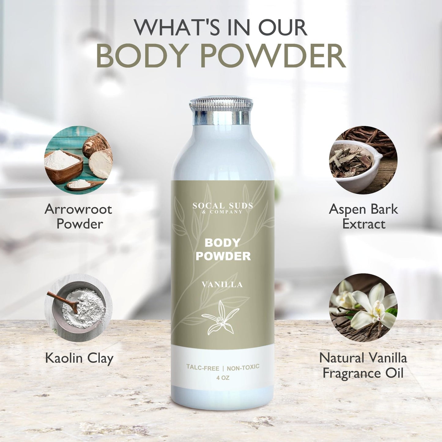 SoCal Suds & Company - Natural Body Powder Talc-Free with Arrowroot, Kaolin & Aspen Bark Extract - Vanilla 4oz