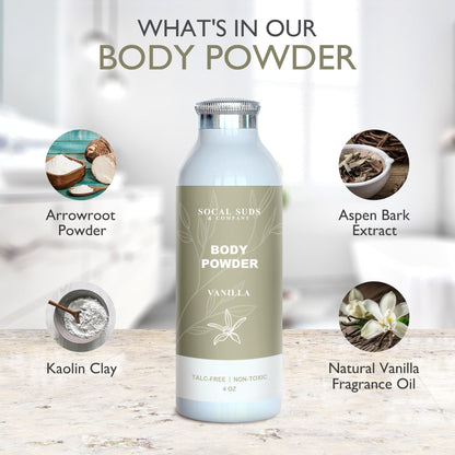 SoCal Suds & Company - Natural Body Powder Talc-Free with Arrowroot, Kaolin & Aspen Bark Extract - Vanilla 4oz