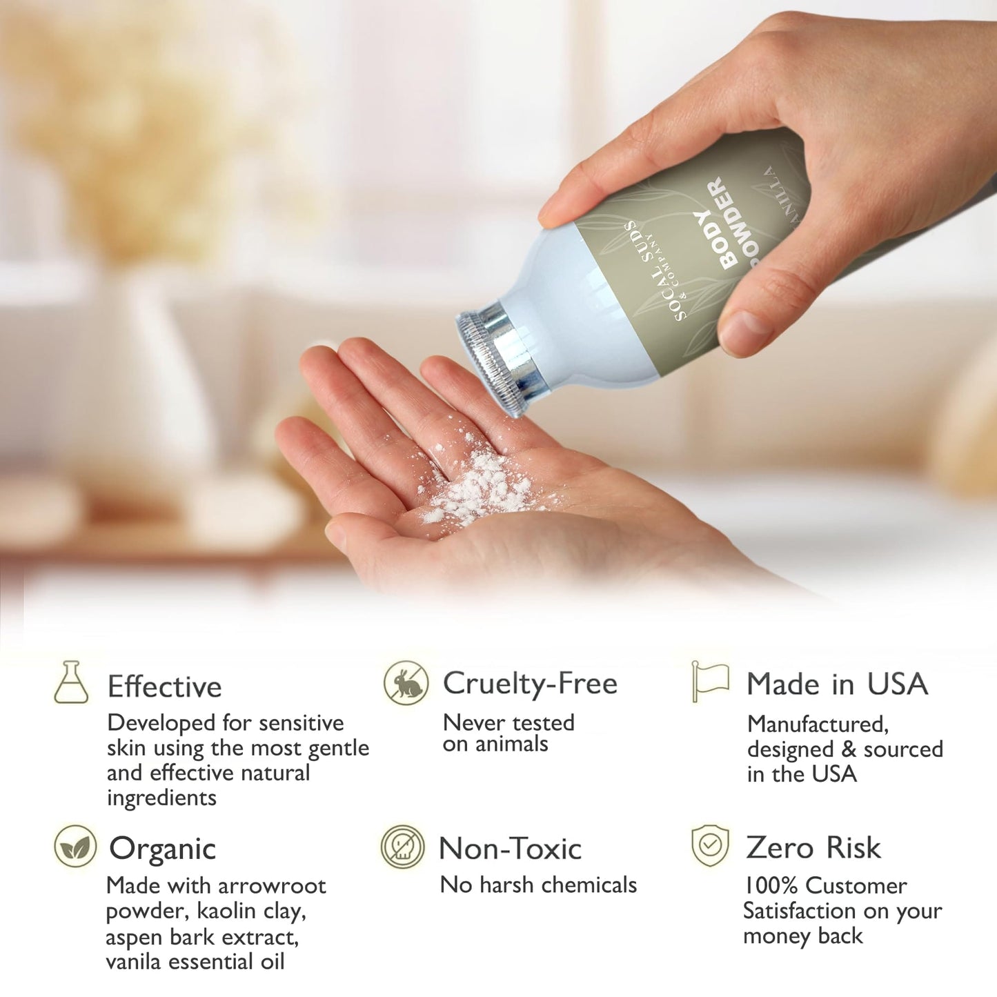 SoCal Suds & Company - Natural Body Powder Talc-Free with Arrowroot, Kaolin & Aspen Bark Extract - Vanilla 4oz