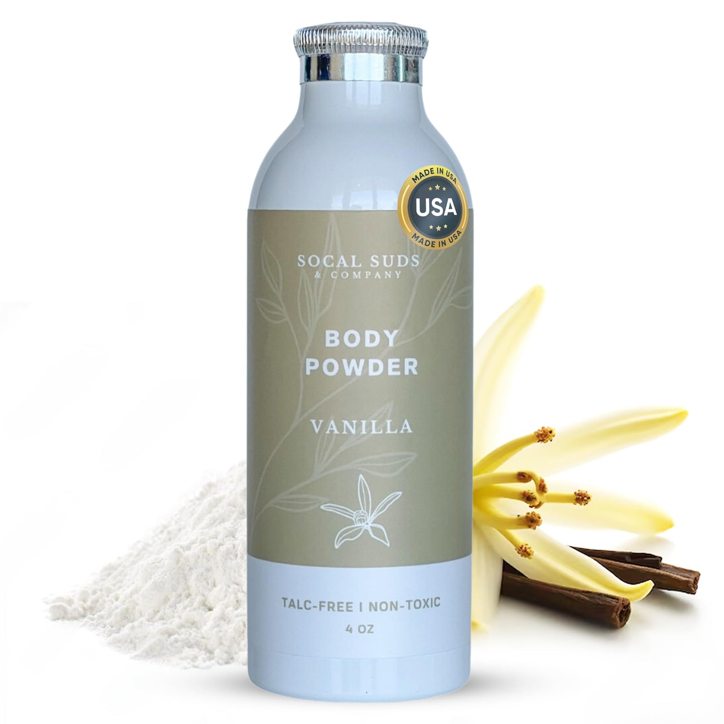 SoCal Suds & Company - Natural Body Powder Talc-Free with Arrowroot, Kaolin & Aspen Bark Extract - Vanilla 4oz