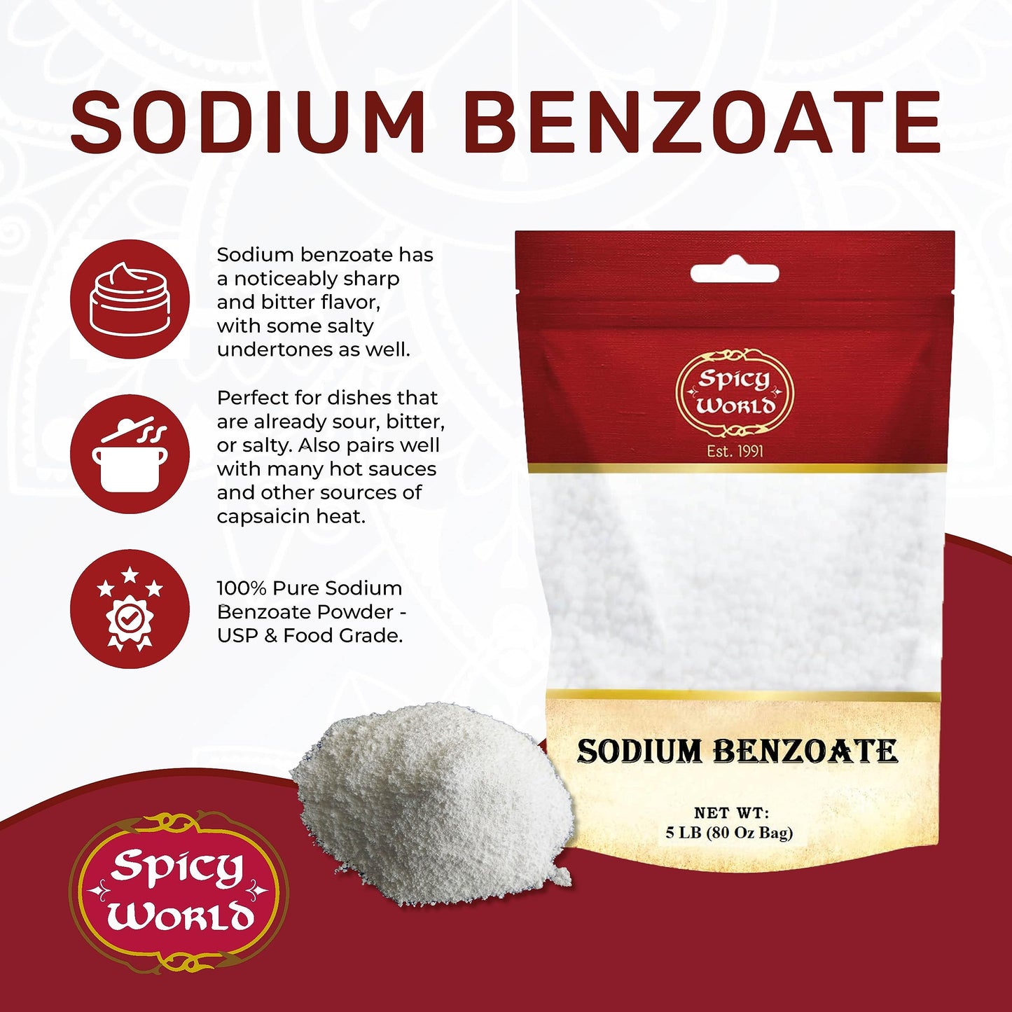 Spicy World Sodium Benzoate 5 LB (80 Oz) – 99% USP/FCC Grade, Additive & Preservative