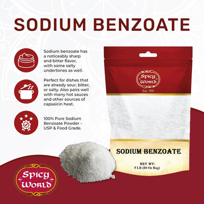Spicy World Sodium Benzoate 5 LB (80 Oz) – 99% USP/FCC Grade, Additive & Preservative