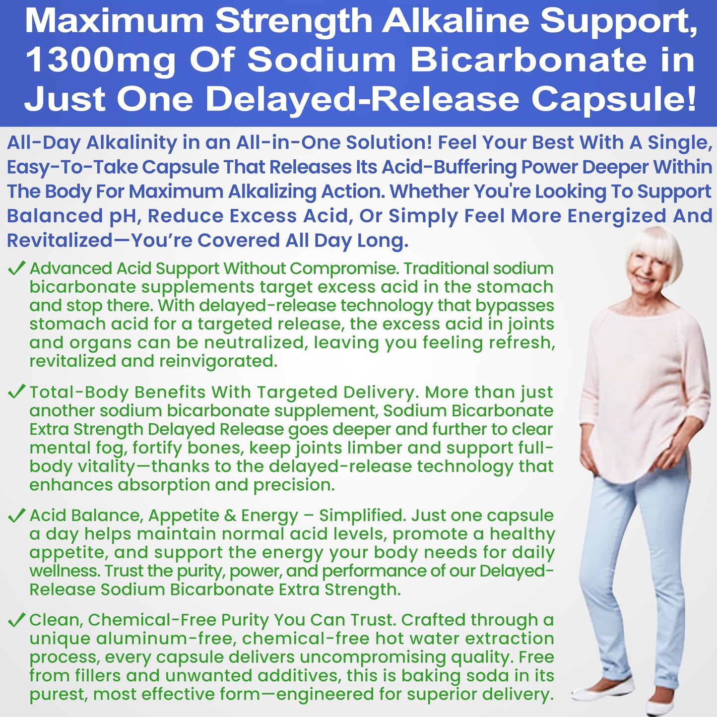 Sodium Bicarbonate Capsules 1300mg Extra Strength | Organic Use, Aluminum-Free, Delayed-Release