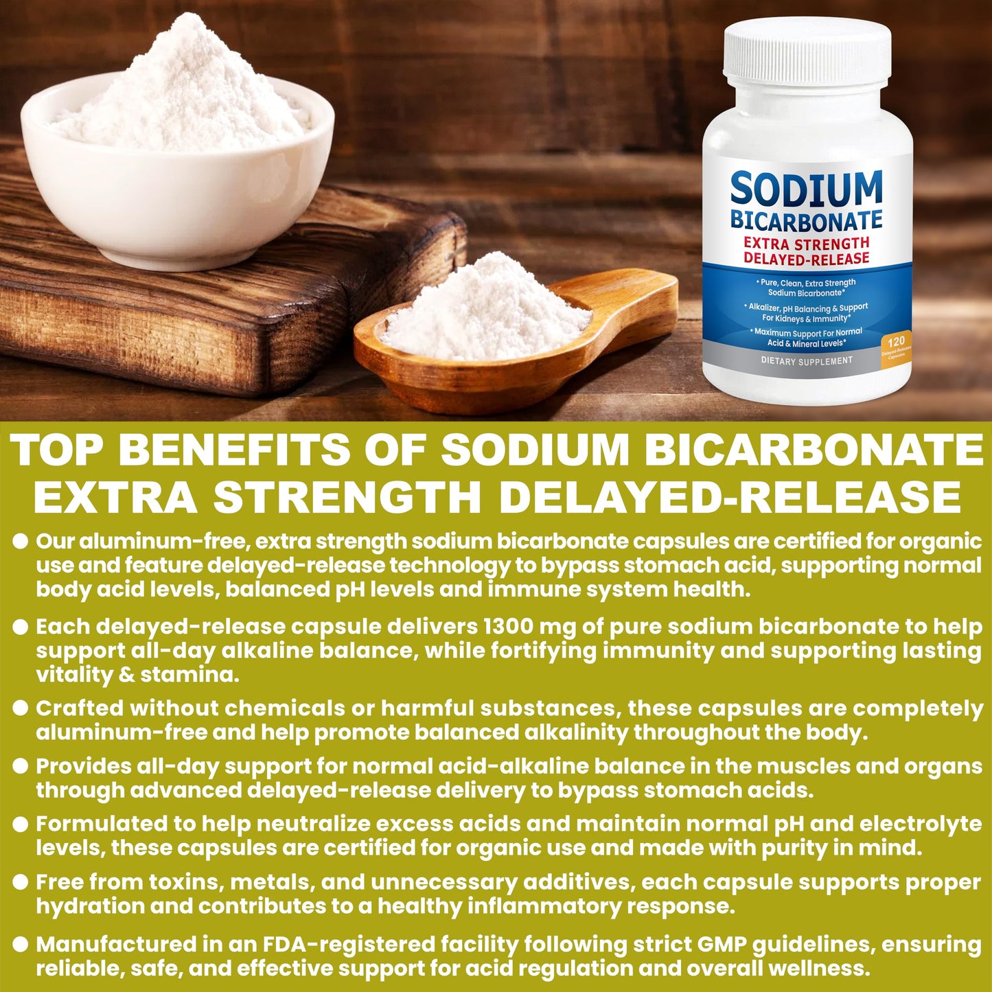 Sodium Bicarbonate Capsules 1300mg Extra Strength | Organic Use, Aluminum-Free, Delayed-Release