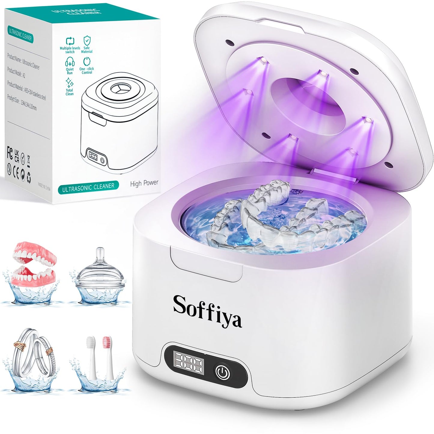 Soffiya 49kHz Dental Ultrasonic Retainer Cleaner – 350ml UV Cleaning for Dentures, Mouth Guards, Aligners & Braces