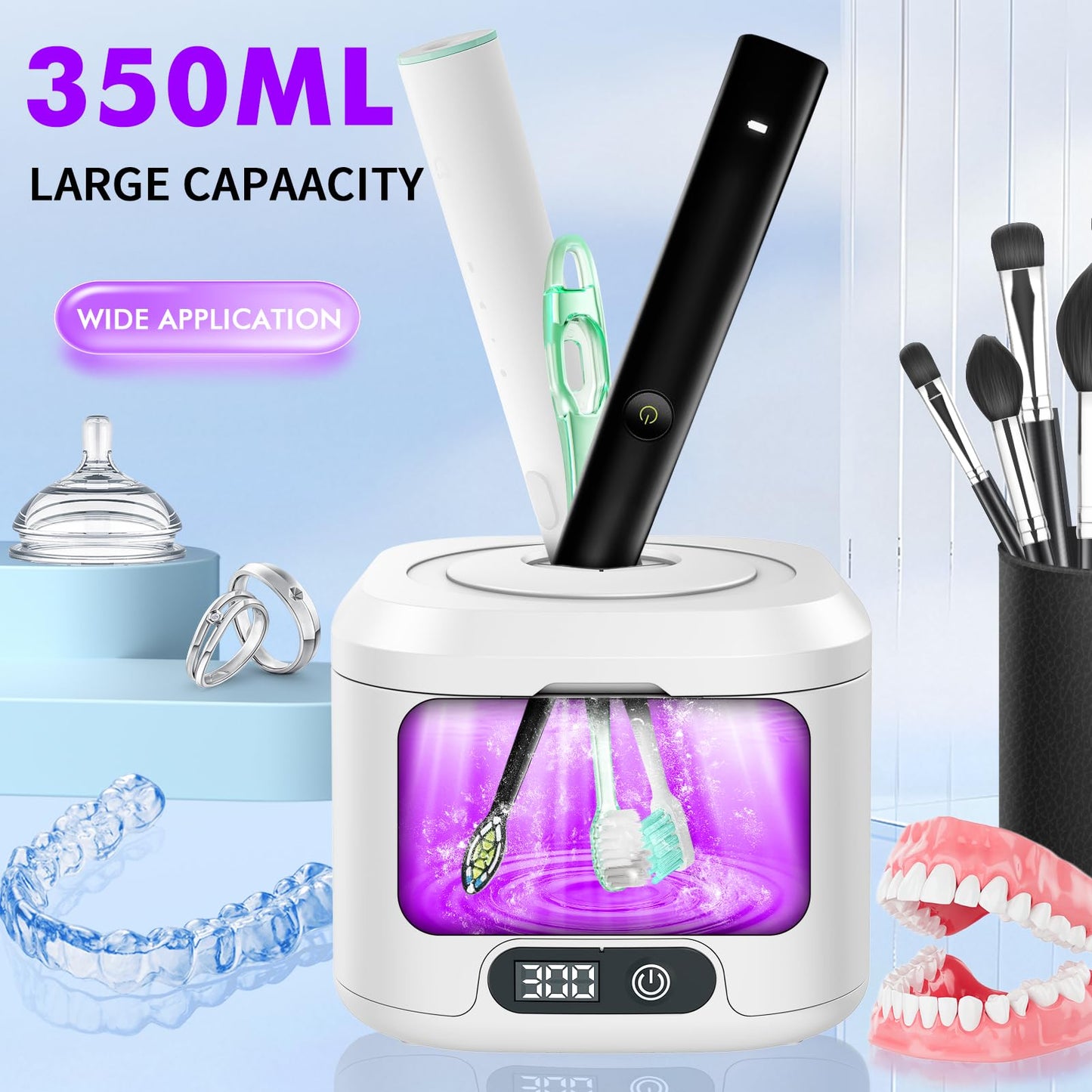 Soffiya 49kHz Dental Ultrasonic Retainer Cleaner – 350ml UV Cleaning for Dentures, Mouth Guards, Aligners & Braces