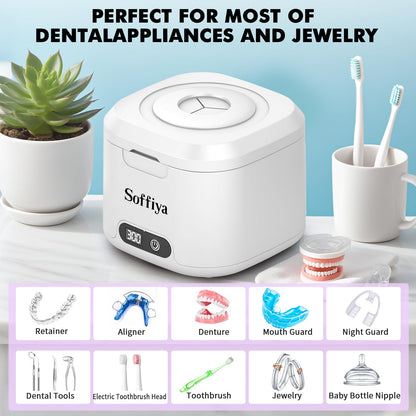 Soffiya 49kHz Dental Ultrasonic Retainer Cleaner – 350ml UV Cleaning for Dentures, Mouth Guards, Aligners & Braces