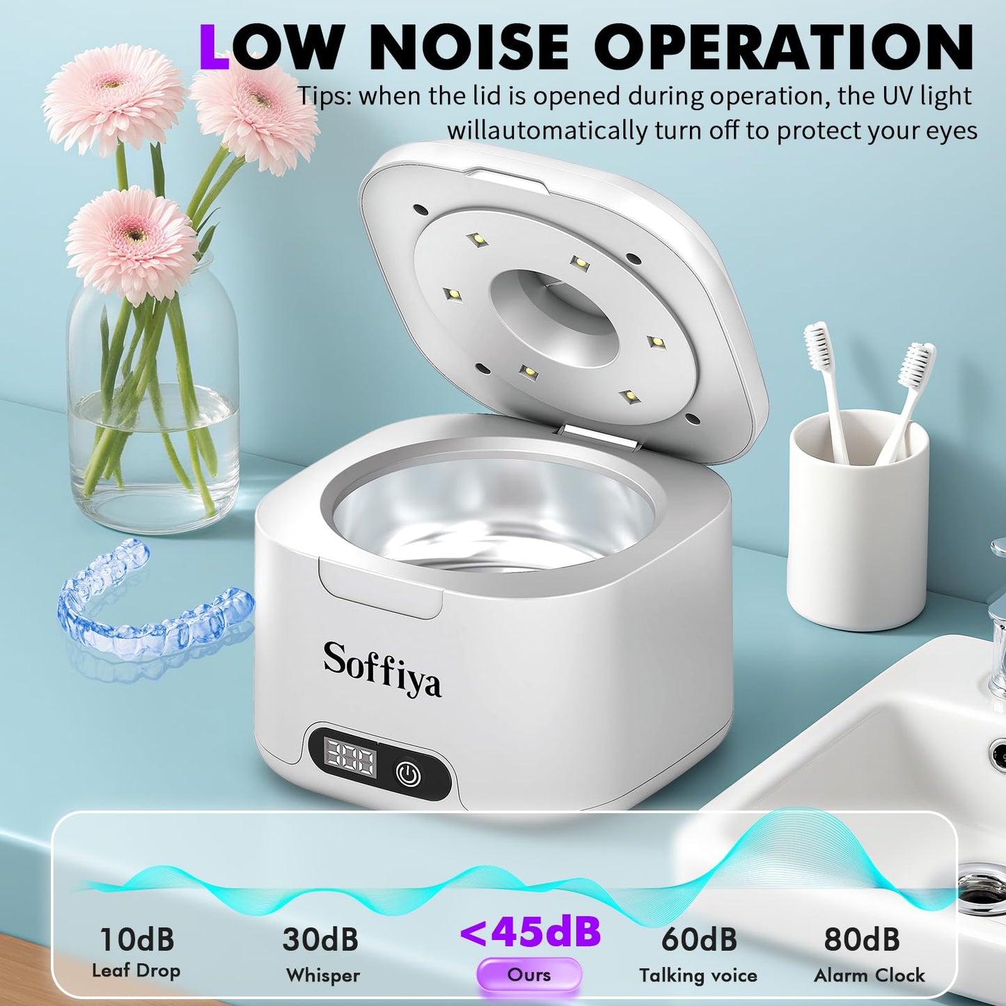 Soffiya 49kHz Dental Ultrasonic Retainer Cleaner – 350ml UV Cleaning for Dentures, Mouth Guards, Aligners & Braces