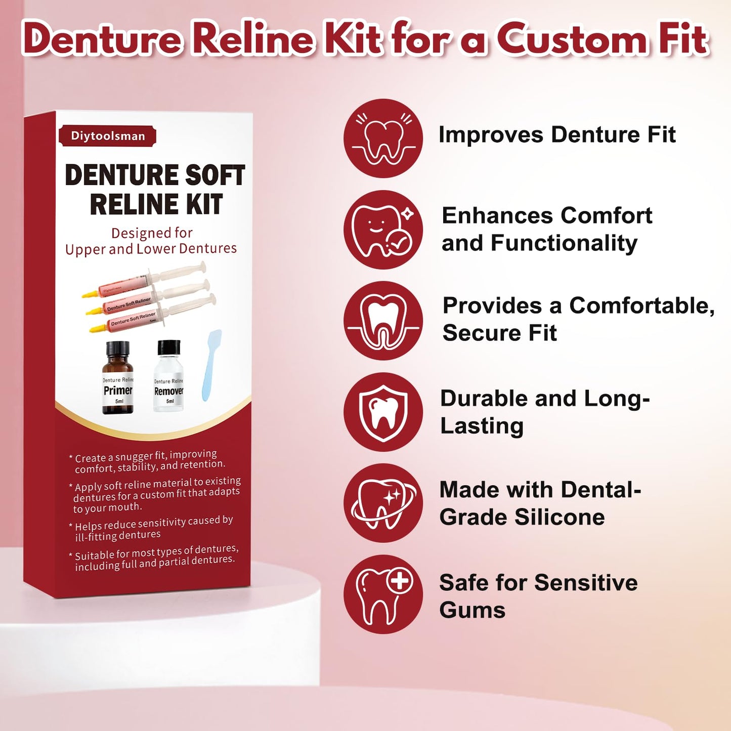 Upper & Lower Denture Soft Reline Kit - Custom Fit, Comfort & Stability