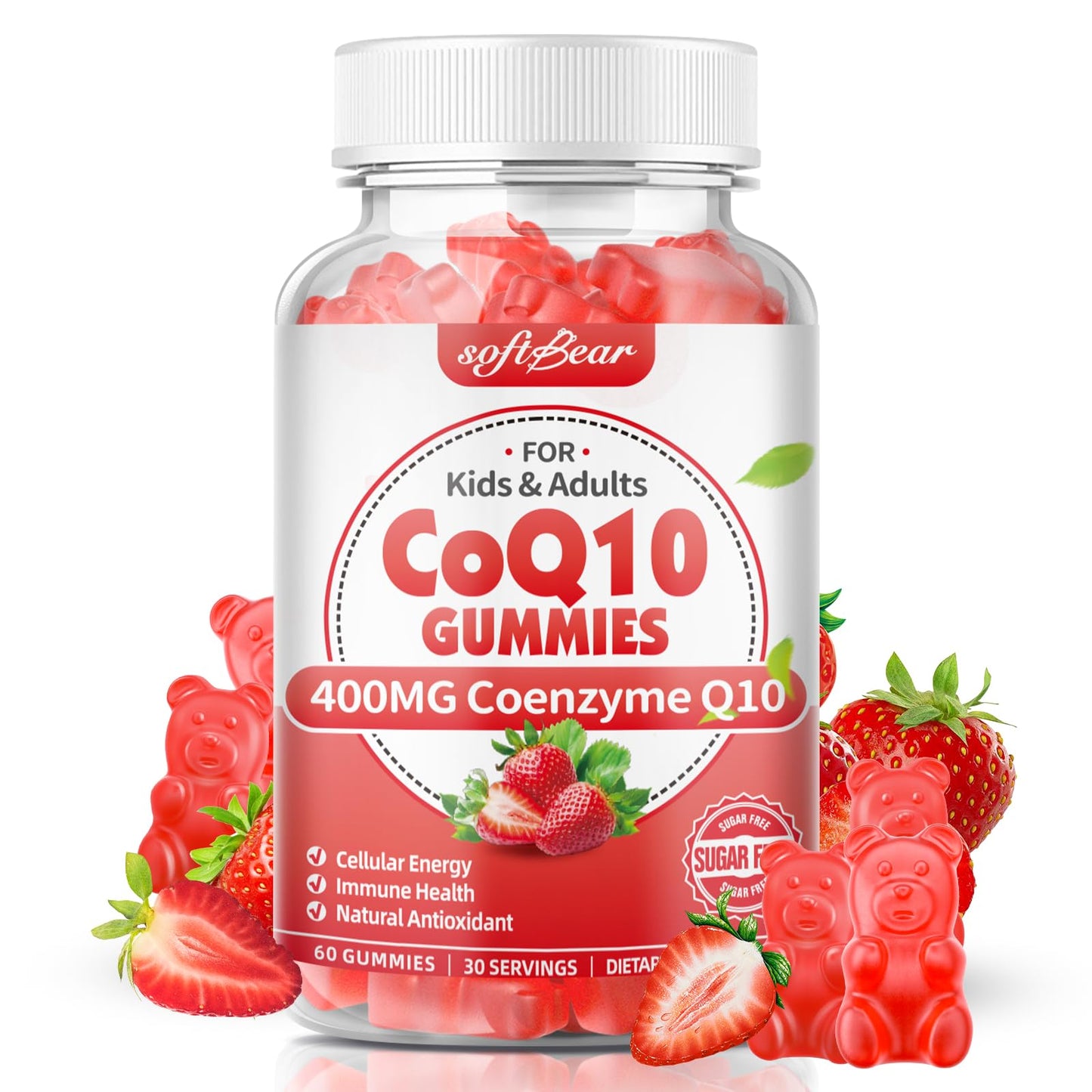 softbear CoQ10 Gummies 400mg – High-Absorption CoQ10, Omega-3 & Zinc (Strawberry, 60 Count)