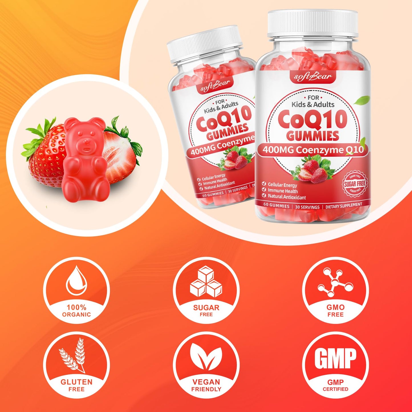 softbear CoQ10 Gummies 400mg – High-Absorption CoQ10, Omega-3 & Zinc (Strawberry, 60 Count)