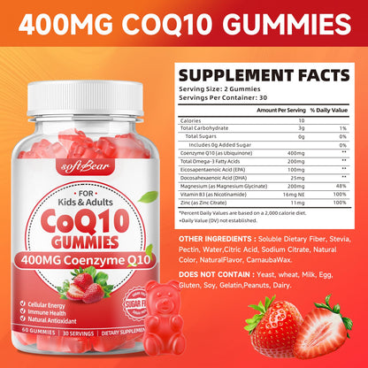 softbear CoQ10 Gummies 400mg – High-Absorption CoQ10, Omega-3 & Zinc (Strawberry, 60 Count)