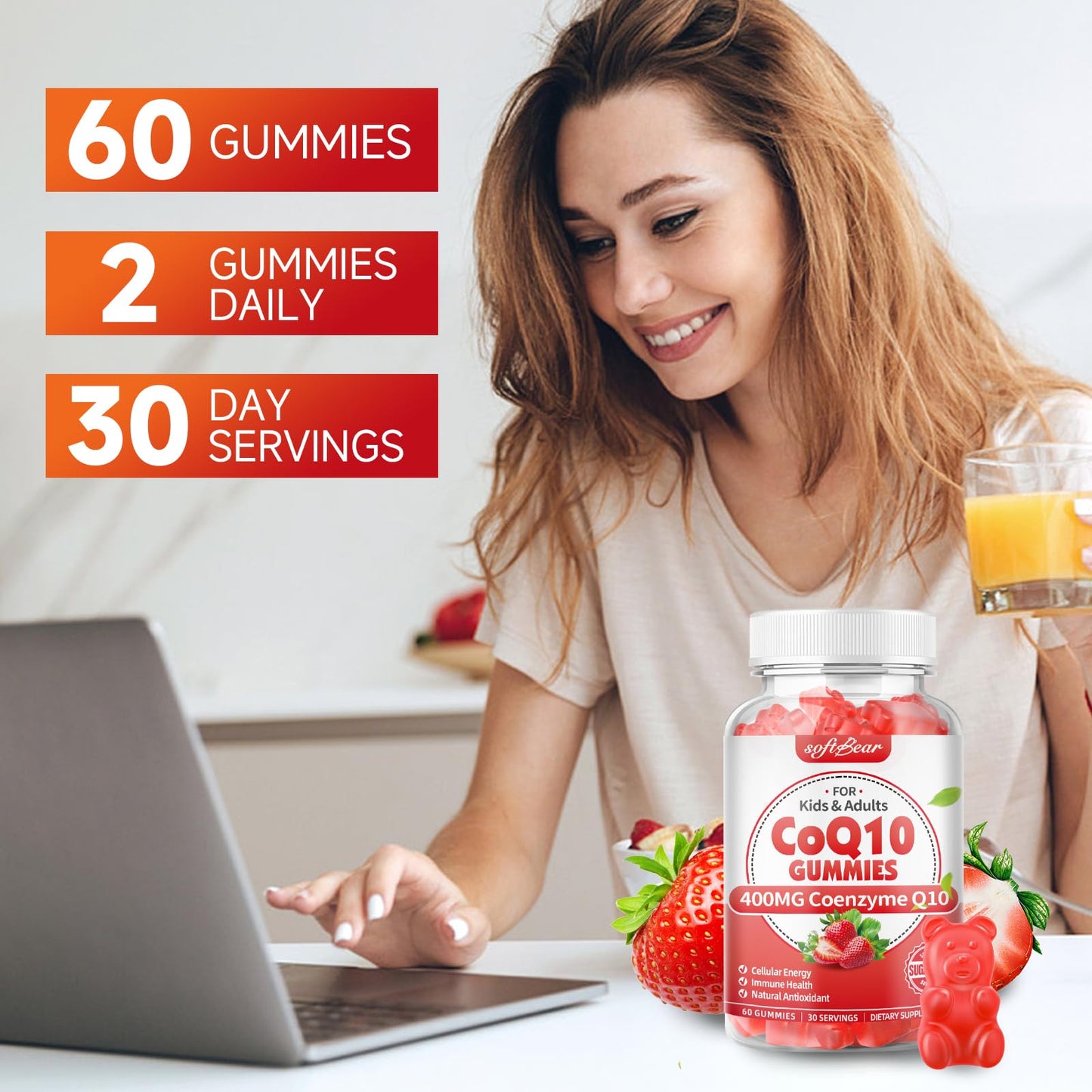 softbear CoQ10 Gummies 400mg – High-Absorption CoQ10, Omega-3 & Zinc (Strawberry, 60 Count)