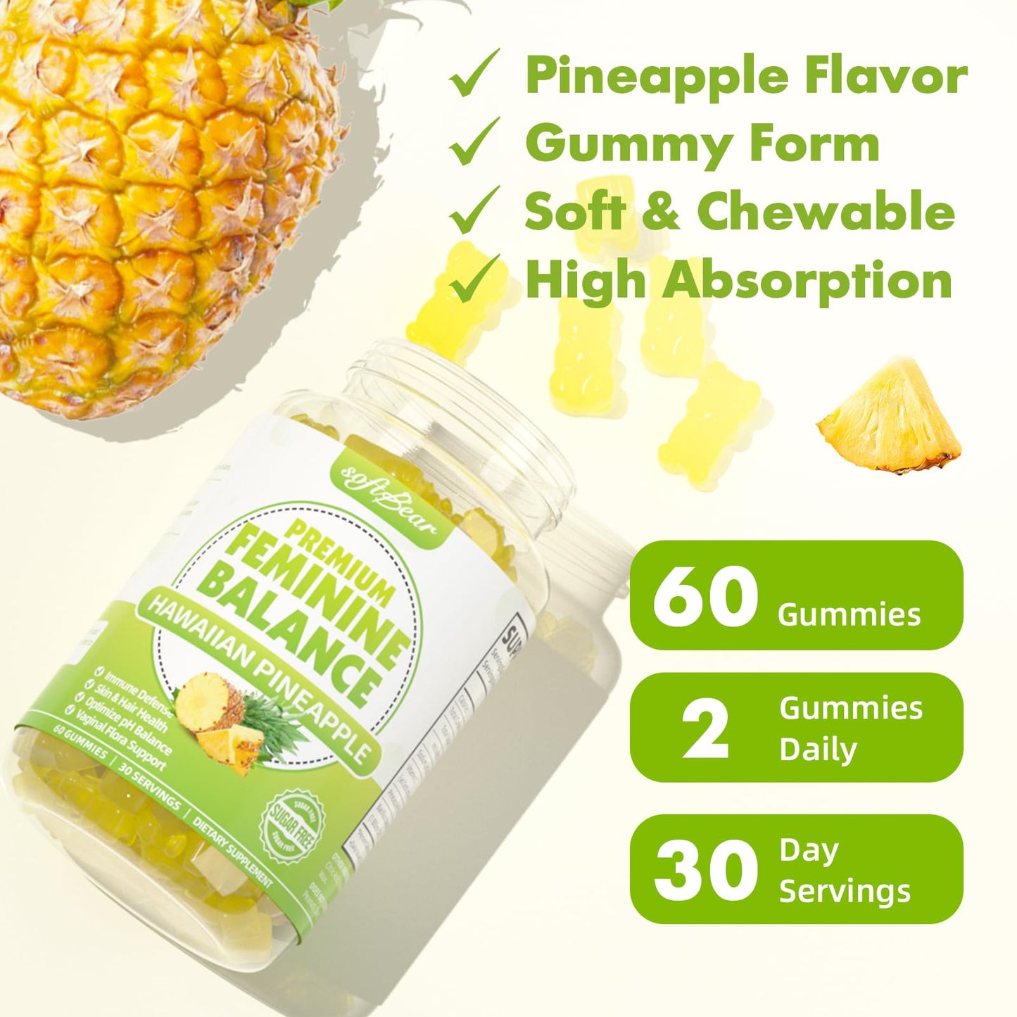 softbear Premium Feminine Balance Gummies for Women | Pineapple pH Balance, Vaginal Care, Immune Support | Vegan & Gluten-Free | 120 Count
