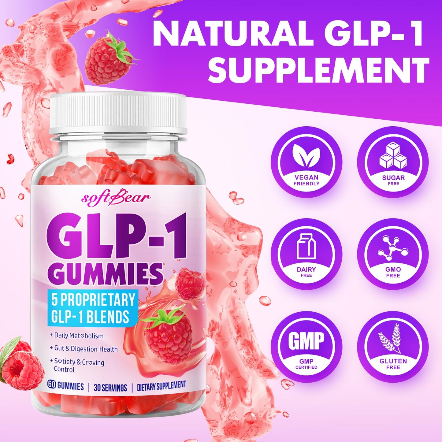 SoftBear GLP-1 Probiotic Gummies – Vegan, Sugar-Free, Gluten-Free (60 Count) | Berberine & Akkermansia for Gut & Immune Support