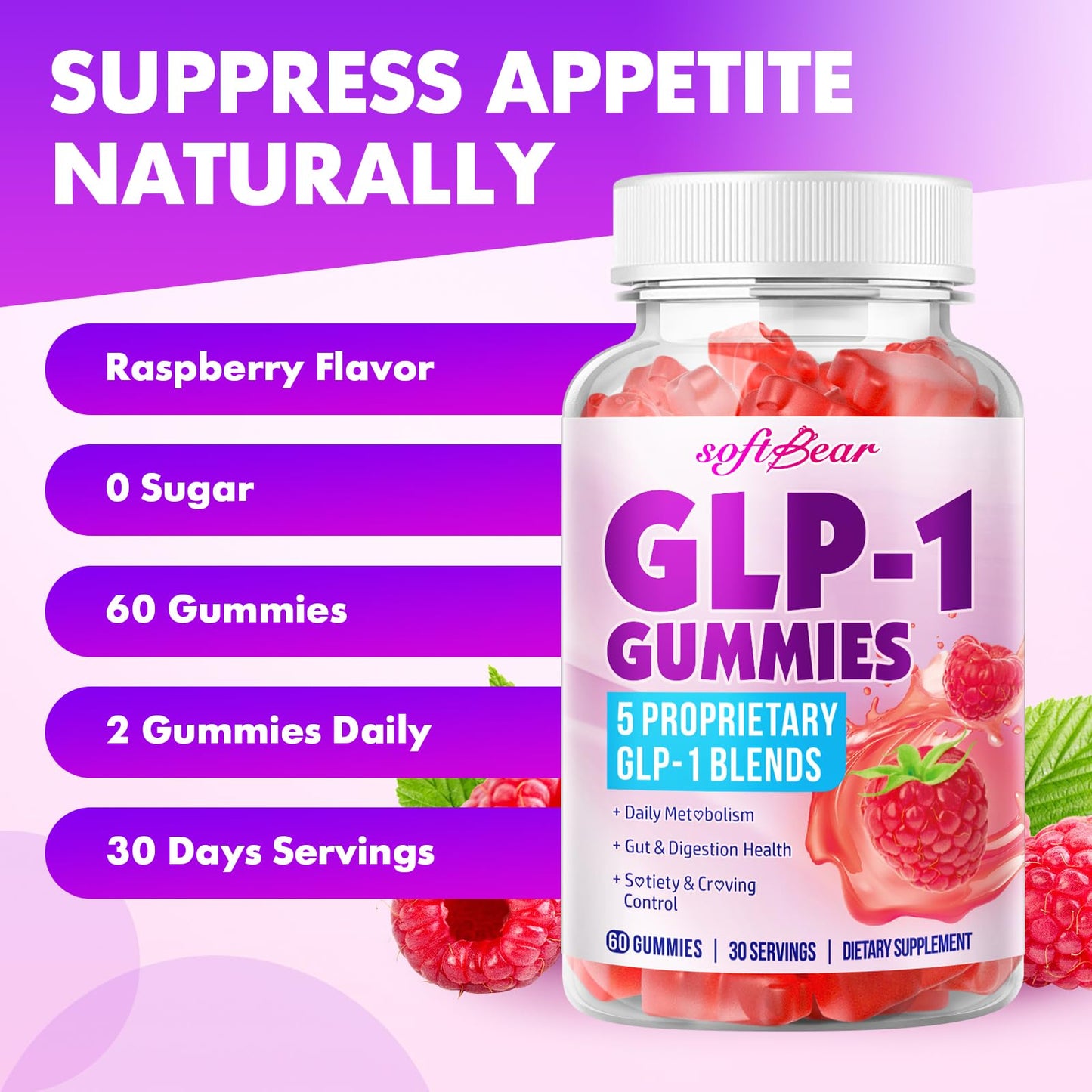 SoftBear GLP-1 Probiotic Gummies – Vegan, Sugar-Free, Gluten-Free (60 Count) | Berberine & Akkermansia for Gut & Immune Support