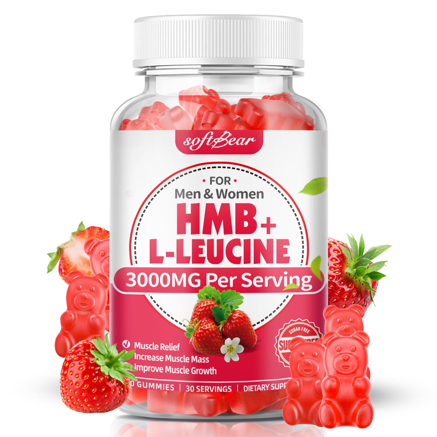 SoftBear HMB & Leucine Gummies – 3000mg HMB + Leucine for Muscle Growth & Recovery, Vegan, Gluten-Free, Non-GMO, Strawberry, 60 Count