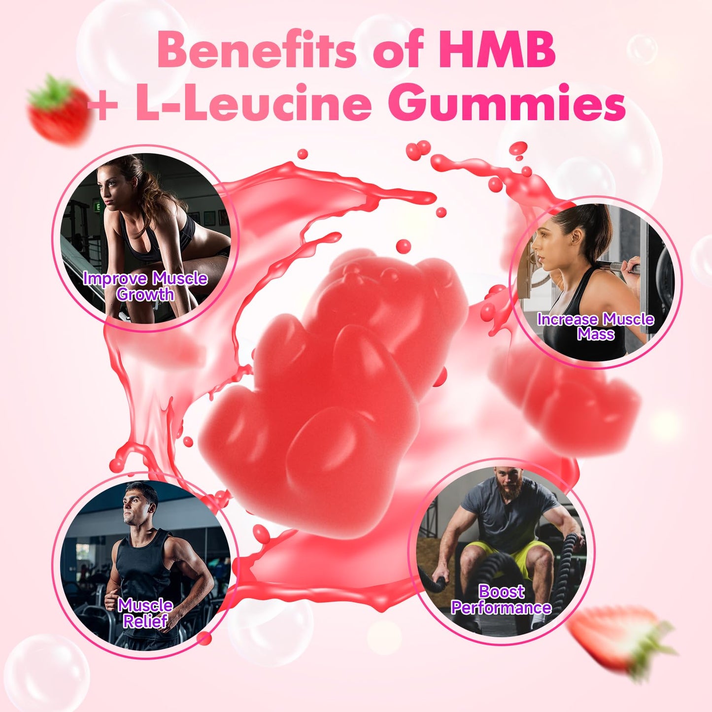SoftBear HMB & Leucine Gummies – 3000mg HMB + Leucine for Muscle Growth & Recovery, Vegan, Gluten-Free, Non-GMO, Strawberry, 60 Count