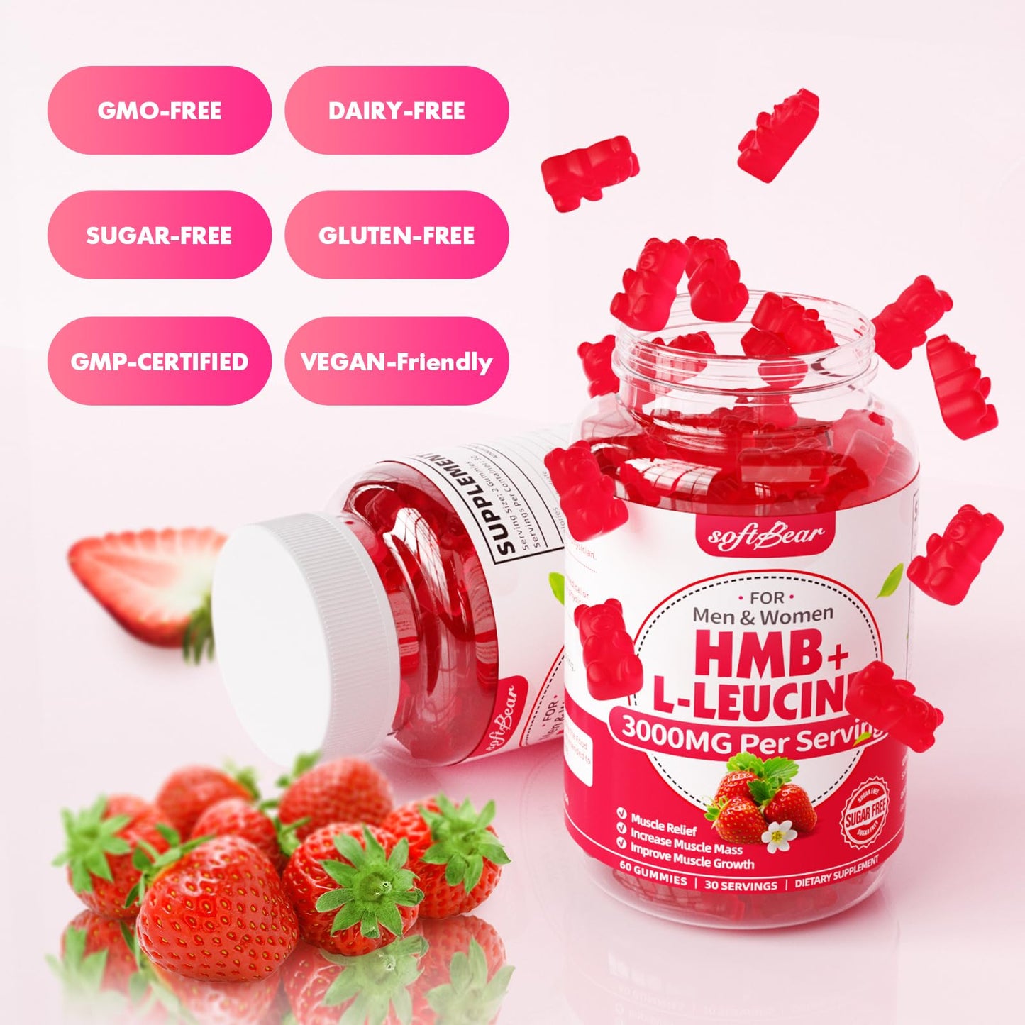 SoftBear HMB & Leucine Gummies – 3000mg HMB + Leucine for Muscle Growth & Recovery, Vegan, Gluten-Free, Non-GMO, Strawberry, 60 Count
